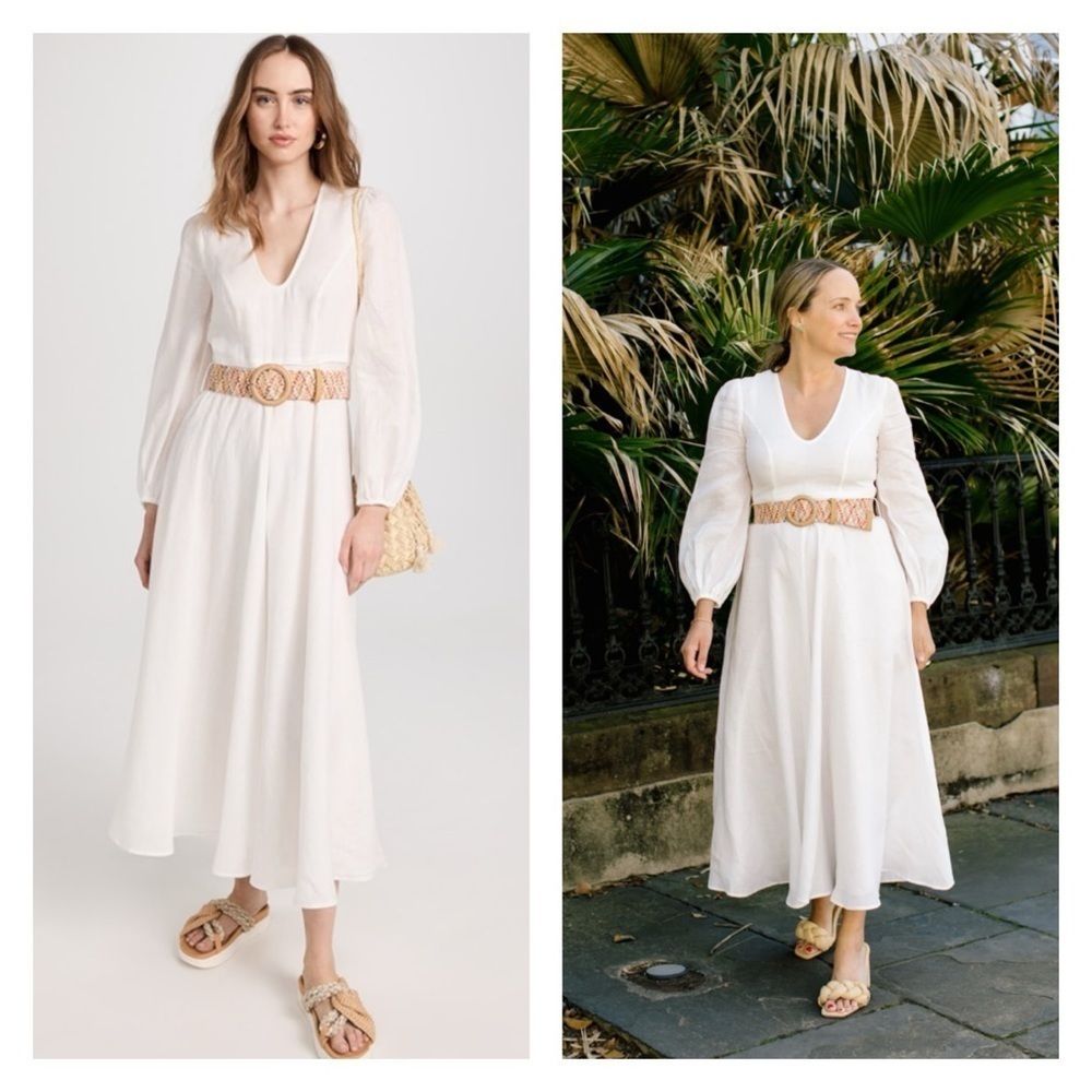 Zimmermann Cream V‑Neck Long Sleeve Midi Dress with Woven Belt